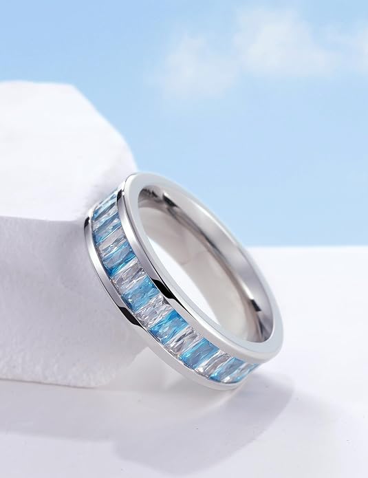 King Will 6mm 316L Stainless Steel Eternity Ring for Women, Colorful Baguette-Cut Cubic Zirconia Stackable Band, Pipe Cut Anniversary Engagement Ring Comfort Fit, Size 6-10