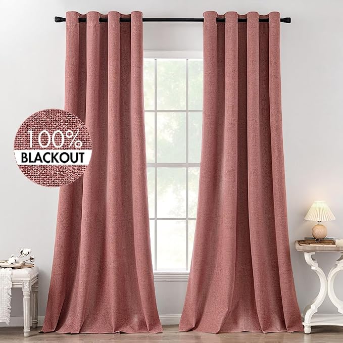 MIULEE 100% Blackout Linen Textured Curtains for Bedroom Solid Thermal Insulated Dusty Rose Grommet Room Darkening Curtains & Drapes Luxury Decor for Living Room 52 x 120 Inch (2 Panels)