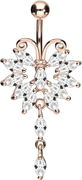 PIERCINGLINE surgical steel dangle belly button piercing with big butterfly - belly button ring surgical steel, gold, silver, rosegold piercing - new version with improved durability