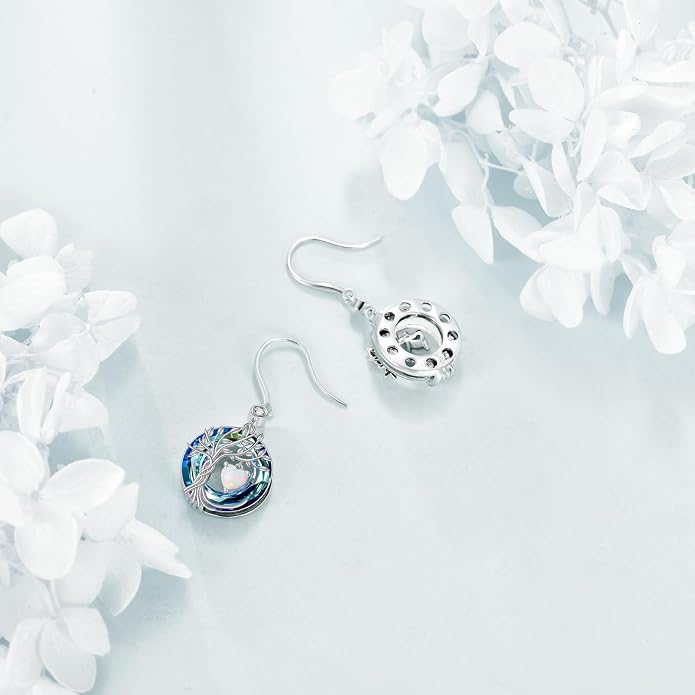POPLYKE Tree of Life Birthstone Earrings 925 Sterling Silver Dainty Gemstone Birthstone Dangle Drop Earring with Crystal Fine Jewelry Birthday Gifts for Women Her