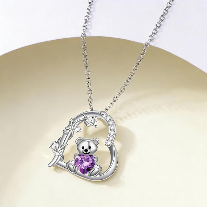 PELOVNY Teddy Bear Necklace for Women 925 Sterling Silver Bear/Highland Cow/Fox/Cat/Axolotl Birthstone Necklace Christmas Birthday Jewelry Gifts for Mom Daughter Wife Sister