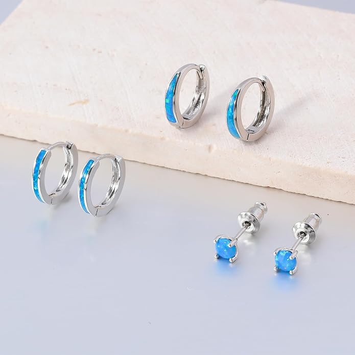 CiNily Opal Earrings Set for Women Hypoallergenic, Opal Stud Huggie Hoop Earrings Silver/Rose Gold Plated Dainty Hoop Huggie Silver Dangle Earring Stacks, Gold Jewelry