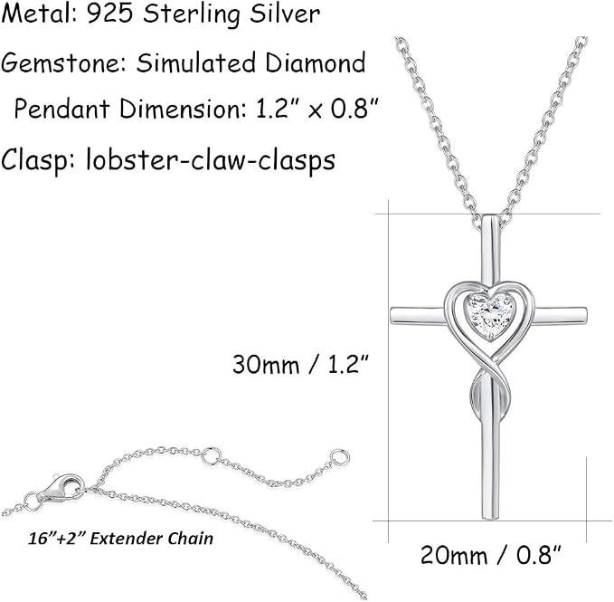 FANCIME Birthstone Cross Necklace for Women Birthstone Necklace Heart Infinity Cross Pendant Necklace Fine Jewelry Christmas Birthday Holiday Gifts for Her, 16"+2" Inches