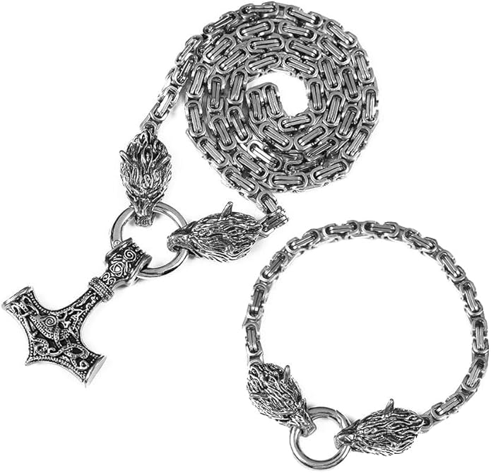 Viking Wolf Head Thor’s Hammer Pendant Necklace – Stainless Steel Norse Amulet Jewelry for Men, Nickel-Free, Gift Box Included