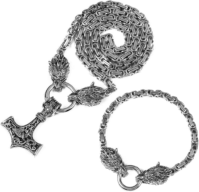 Viking Wolf Head Thor’s Hammer Pendant Necklace – Stainless Steel Norse Amulet Jewelry for Men, Nickel-Free, Gift Box Included