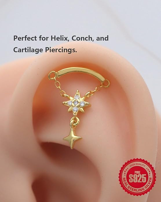 Solid 925 Sterling Silver Helix Earring with Dangle Chain 14K Gold Plated Flat Back Cartilage Stud Crescent Moon & Star CZ Internally Threaded Piercing Jewelry Ear Ring Gift