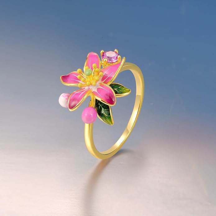 Santuzza 925 Sterling Silver Enamel Flower Statement Ring for Women