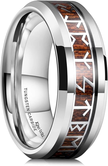 King Will Tungsten Carbide Wedding Band for Men - 8mm Black/Silver/Gold Plated with Norse Viking Rune & Hawaii Koa Wood Inlay Mens Ring, Polished Beveled Edge for Daily Wear, Comfort Fit Size 7-14