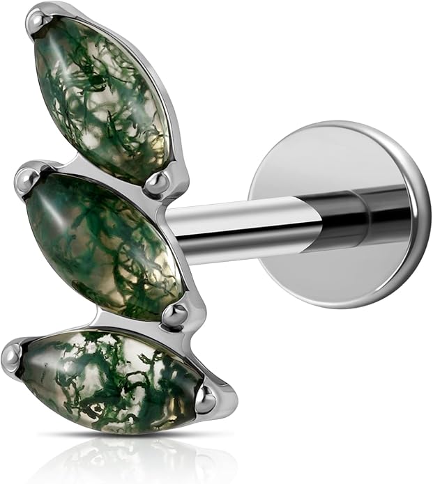 FINE4U 16G Moss Agate Body Piercing Jewelry for Helix Flat Tragus Lobe 16G 6mm 8mm - ASTM F136 Titanium Screw on Flat Back Stud, Hypoallergenic Cartilage Earring