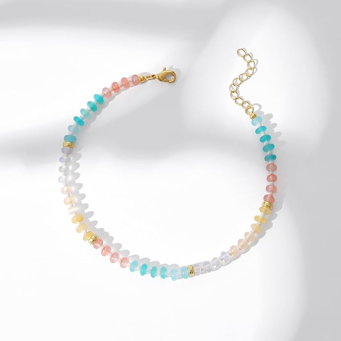 KissYan Beaded Ankle Bracelet for Women, Colorful Natural Gemstone Anklet, Waterproof Handmade Beach Summer Jewelry Gifts
