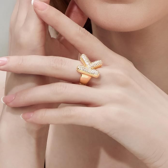 Cicy Bell Initial Rings for Women 14k Gold Plated Cubic Zirconia Delicate Letter Chunky Statement Open Rings Gifts for Her