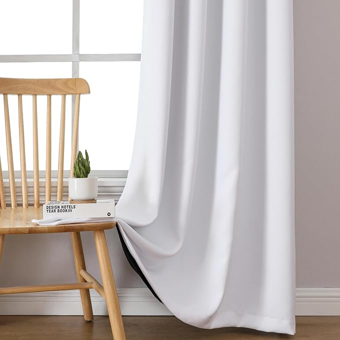 ChrisDowa White 100% Blackout Curtains for Bedroom 63 Inches Long 2 Panels | 2 Thick Layers, Thermal Insulated, Grommet, Window Treatment, Living Room Drapes with Black Liner, Pure White, 42 x 63 Inch