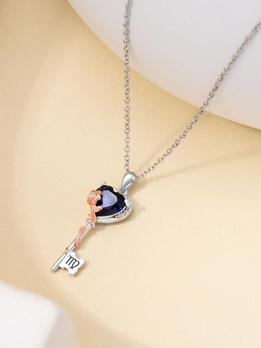 OCJ Zodiac Necklace for Women 925 Sterling Silver Rose Flower Key Pendant Necklaces Zodiac Birthstone Jewelry Wife Birthday Anniversary Christmas Gifts for Her