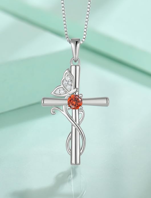 STARCHENIE Butterfly Cross Necklace 925 Sterling Silver Crucifix Pendant Birthstone Jewelry for Women