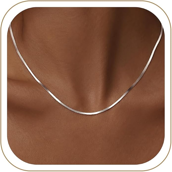 WomenGifts 14K Gold Silver Plated Herringbone Necklace for Women, Dainty Snake Chain Choker, Trendy Simple Long Layered Jewelry Non Tarnish, 3/4/5/8mm,14,16,18,20,22,24,26 Inch Thin & Chunky Options