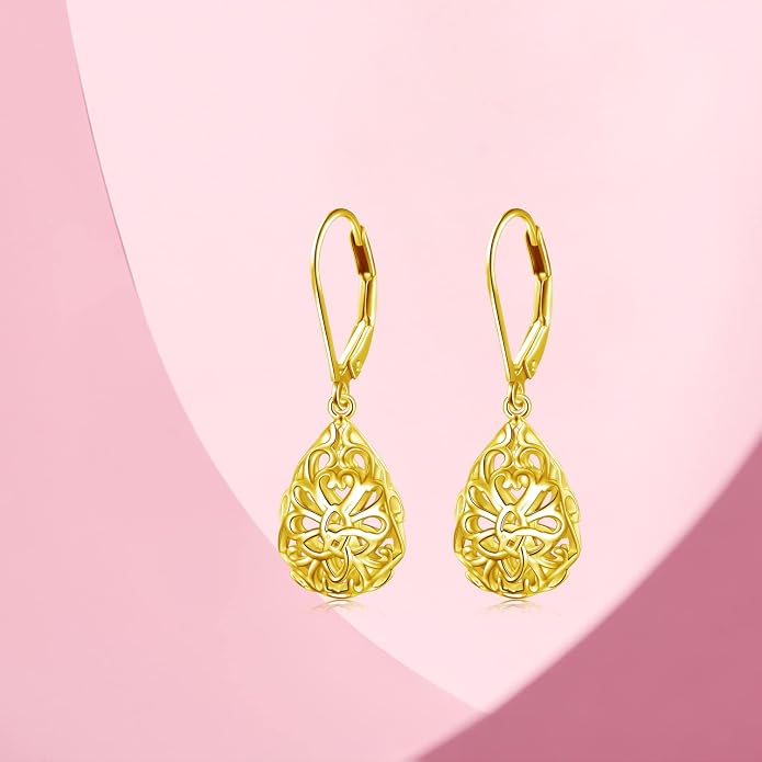 925 Sterling Silver Filigree Dangle Drop Earrings Daisy/Lotus/Rose Flower/Moonstone Leverback Teardrop Earrings for Women Infinity Celtic Knot Daisy Lotus Jewelry for Mothers Day
