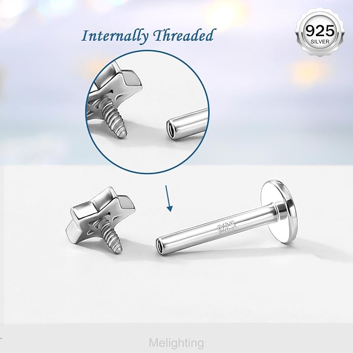 Melighting 16G Sterling Silver 925 Helix Earring Internal Thread 6/8 mm Heart Flat Back Earring Star Lip Stud Labret Cartilage Lip Piercing Jewelry for Women