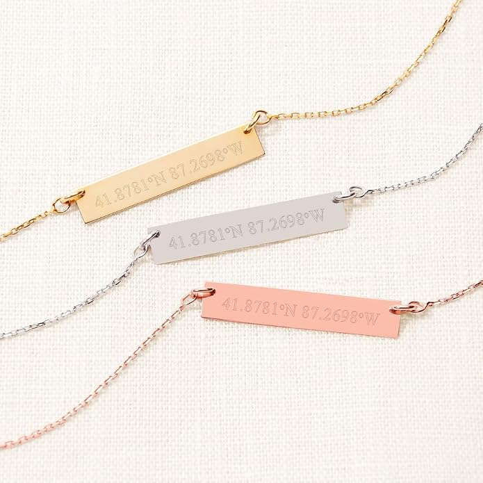 EVE'S ADDICTION Custom Engraved Gold Tone Coordinate Name Bar Necklace - Personalized Longitude Latitude Necklace for Her - Couples Jewelry - Jewelry for Wedding Party - Gifts for Mom