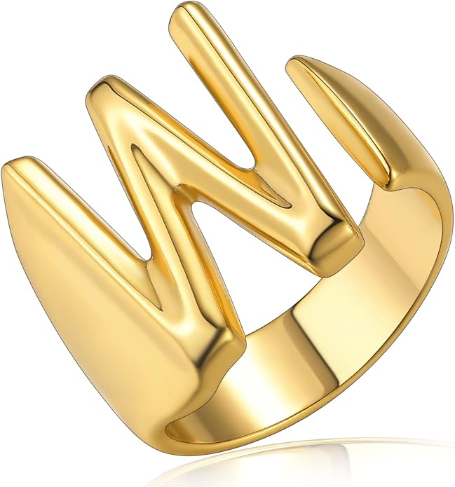 KeyStyle Bold Initial Letter Rings Adjustable, GoldChic Jewelry Women Gold Statement Ring Personalized Engraved Women’s Open Signet Ring for Party (Gold, White Gold, Black)