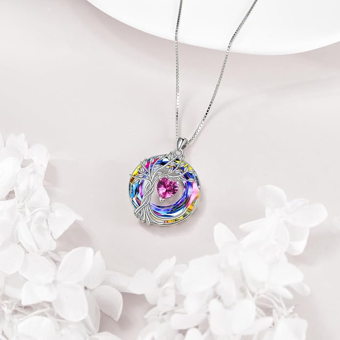 POPLYKE Mothers Day Gifts for Mom Her Wife Tree of Life Necklace 925 Sterling Silver Birthstone Pendant with Crystal Anniversary Birthday Wedding Jewelry for Women