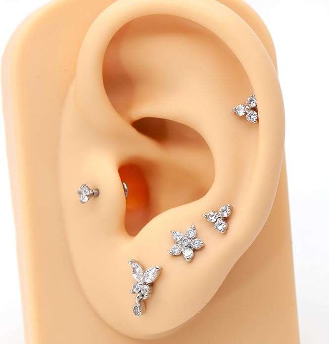14K Yellow/White/Rose Gold Threadless Earring Top Push in 1 Pcs Triple Clear CZ Flat Back Nose Stud Threadless Cartilage Earring Helix Stud Tragus Piercing Jewelry for Women 6mm/8mm