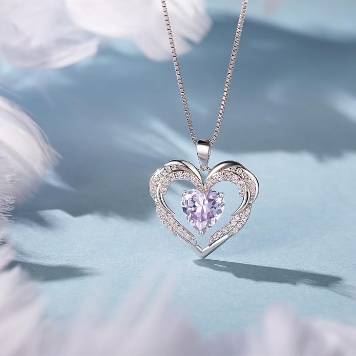 Heart Necklaces for Women Mother's day Gifts, Birthstone 925 Sterling Silver Angel Wings Love Pendant Necklaces for Women, Jewelry Gifts for Wife, Anniversary, Birthday