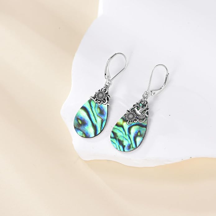 POPLYKE Dragonfly Butterfly Hummingbird Sunflower Earrings 925 Sterling Silver Abalone Shell Moonstone Leverback Earrings Jewelry