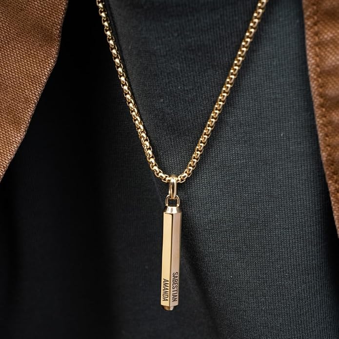 Theo Grace Personalized 3D Hexagon Bar Necklace for Men – Custom Engraved Stainless Steel or Gold Plated Pendant with Optional Black Diamonds, Father's Gift for Men