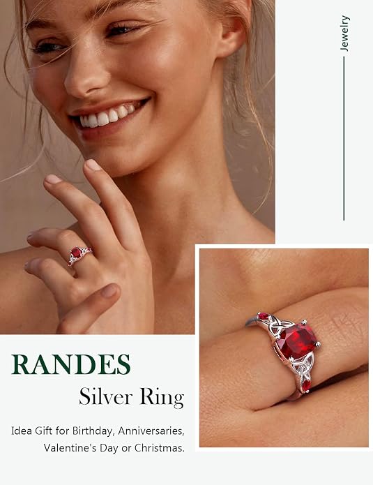 925 Sterling Silver Birthstone Rings for Women Cushion Cut Engagement Celtic Knot Ring Irish Jewelry Created Gemstone Anniversary Rings Size 6-10(with Box)