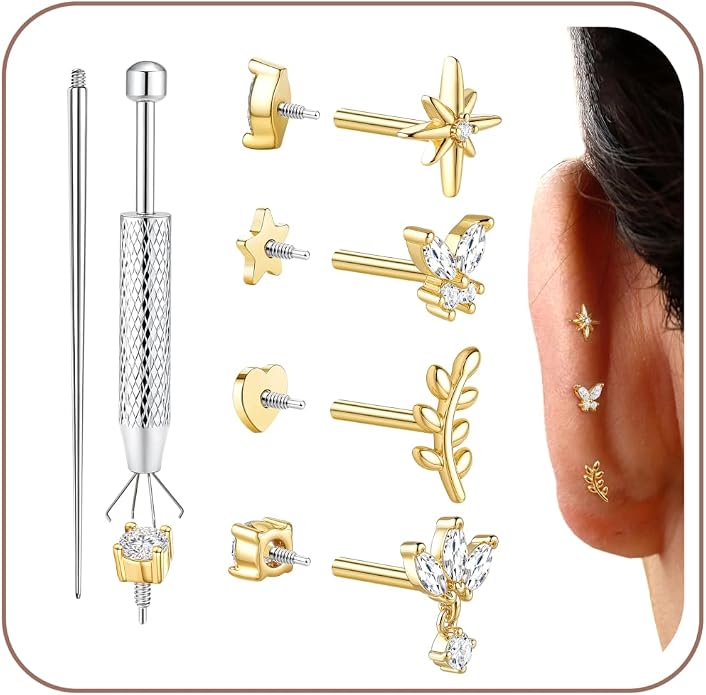 Drperfect 18G Reversible Flat Back Stud Earrings for Women Hypoallergenic Surgical Steel 14K Gold Silver Plated Internal Thread Stud Piercing Jewelry for Tragus Helix Cartilage Conch Piercing