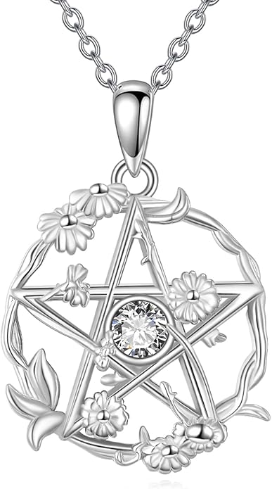 Birthstone Pentagram Necklace for Women 925 Sterling Silver Pentacle Daisy Pendant Pentacle Jewelry Birthday Gifts