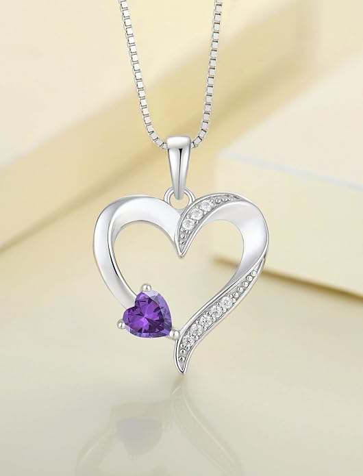 YL Heart Necklace 925 Sterling Silver Love Heart Pendant Birthstone Jewelry for Women