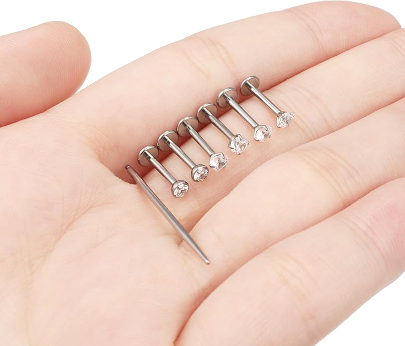 20G 18G 16G F316 Titanium Flat Back Nose Rings Studs Hypoallergenic Screw on Tragus Helix Cartilage Earrings Stud Piercing Jewerly for Women Men Bars 6mm