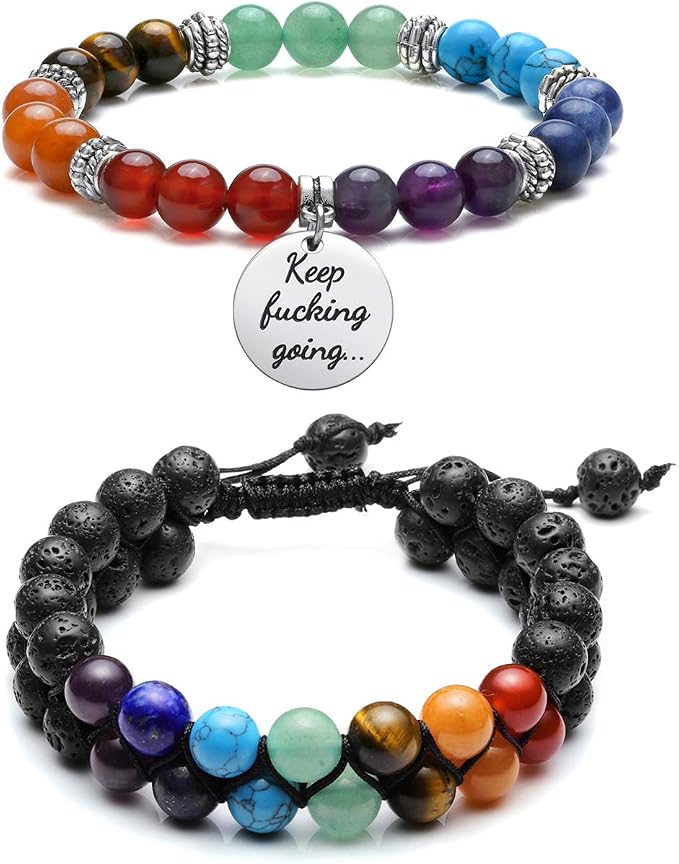 Top Plaza Bundle – 2 Items: 7 Chakra Natural Lava Rock Stones Beads Bracelets Aromatherapy Essential Oil Diffuser Bracelet & 7 Chakra Stone Bead Bracelet Friendship Inspirational Message Charm Bracele