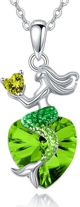 Mermaid Birthstone Necklace for Women 925 Sterling Silver Jewelry Austrian Crystal Pendant Christmas Gifts for Her