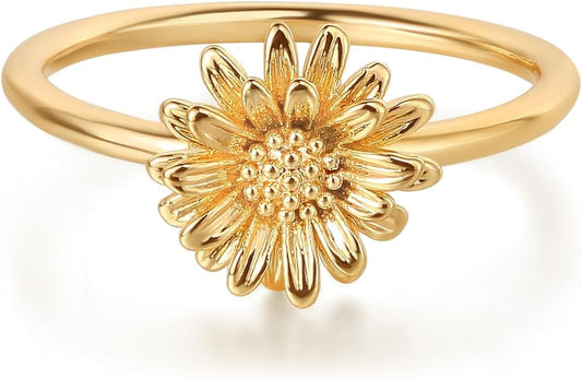 Birth Flower Ring for Women 14K Gold Plated Floral Minimalist Stackable Finger Jewelry Birthday Gifts
