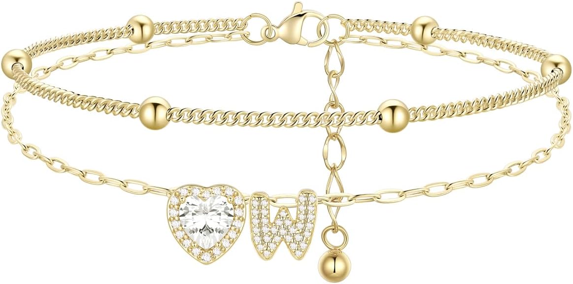FindChic Silver/14K Gold Plated Layered CZ Initial Ankle Bracelet for Women | Waterproof Stainless Steel, Cubic Zirconia Letter Charm, Non-Tarnish, Hypoallergenic, Adjustable Extender, Summer Jewelry