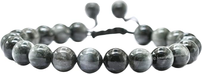 Amazing Gemstone Grey Cats Eye Bracelet, Gifts for Men & Women - Protection Healing Crystal Bracelet - 8mm Gemstone Beaded Adjustable Bracelet, Pulseras para Hombres Mujer Stocking Stuffers