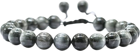 Amazing Gemstone Grey Cats Eye Bracelet, Gifts for Men & Women - Protection Healing Crystal Bracelet - 8mm Gemstone Beaded Adjustable Bracelet, Pulseras para Hombres Mujer Stocking Stuffers