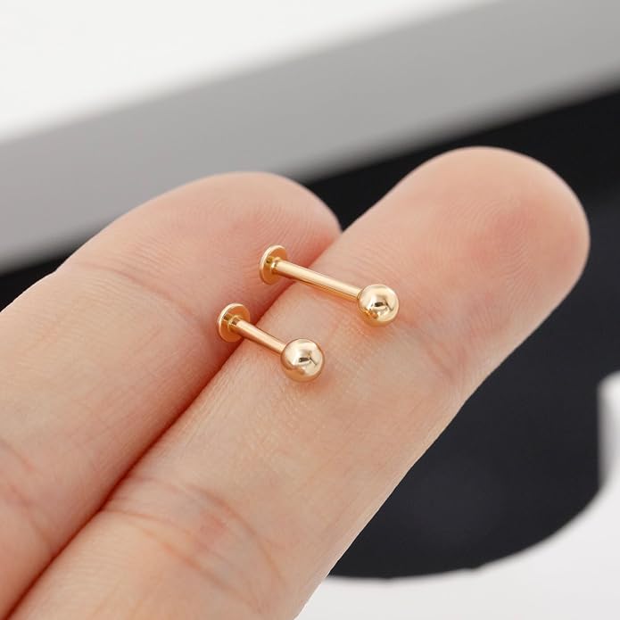 14k Yellow/White Gold Body Jewelry Earrings for Women Threaded Micro CZ Gem Top Tragus/Helix/Labret Stud 16G 6mm 8mm