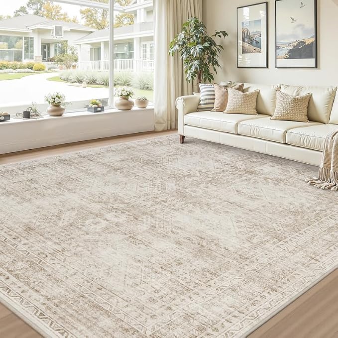 10x12 Area Rug for Living Room: Vintage Boho Neutral Washable Rug Indoor Soft Large Area Rug Carpet for Bedroom Nursery Farmhouse Dining Room Office Floor Non-Slip Low Pile Under Table Rug Brown
