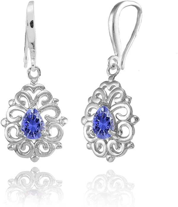 Sterling Silver Genuine, Simulated, or Created Gemstone 6x4mm Teardrop Filigree Dainty Dangle Earrings