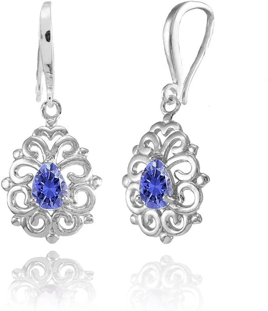 Sterling Silver Genuine, Simulated, or Created Gemstone 6x4mm Teardrop Filigree Dainty Dangle Earrings
