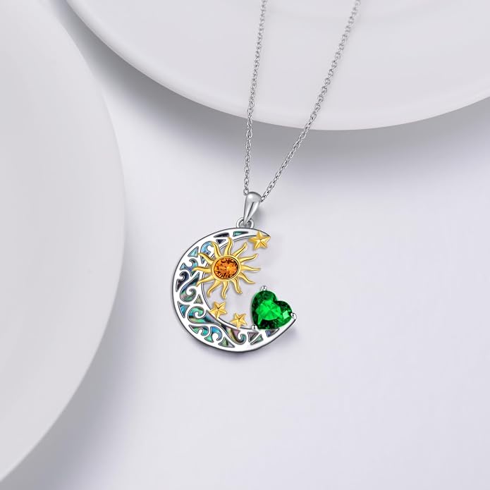 AOBOCO 925 Sterling Silver Sun and Moon Star Pendant Necklace with Simulated Birthstone, Birthday Christmas Jewelry Gift for Women Teen Girls