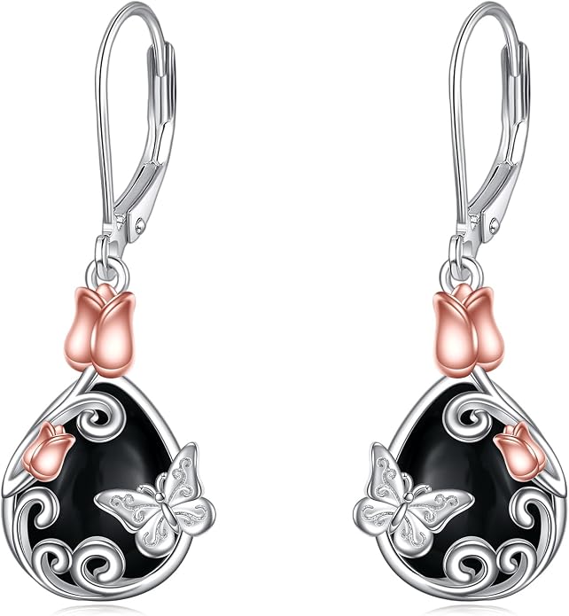 AOBOCO Teardrop Dangle Earrings for Women 925 Sterling Silver Moonstone Flower Filigree Leverback Jewelry Birthday