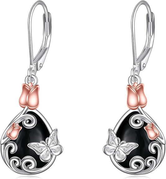 AOBOCO Teardrop Dangle Earrings for Women 925 Sterling Silver Moonstone Flower Filigree Leverback Jewelry Birthday