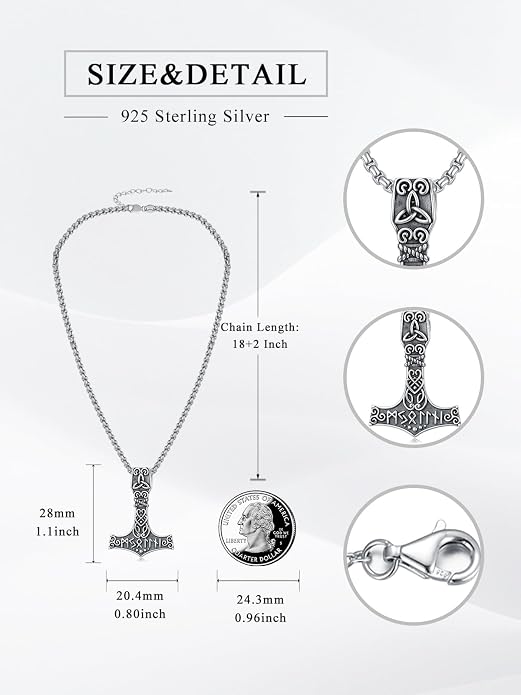 Norse Viking Thor Hammer Necklace 925 Sterling Silver Nordic Mjolnir Necklace Viking Talisman Jewelry Gift for Men