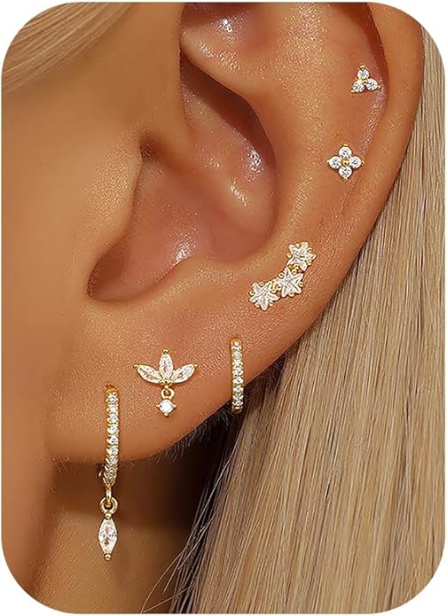 14K Gold Plated Dainty Stud Hoop Earrings for Women 6 Pairs Huggie Hypoallergenic Silver Gold Flat Back Cartilage Stud Earrings Set for Multiple Piercing Luxury Cubic Zirconia Drop Earrings Jewelry Trendy Gifts