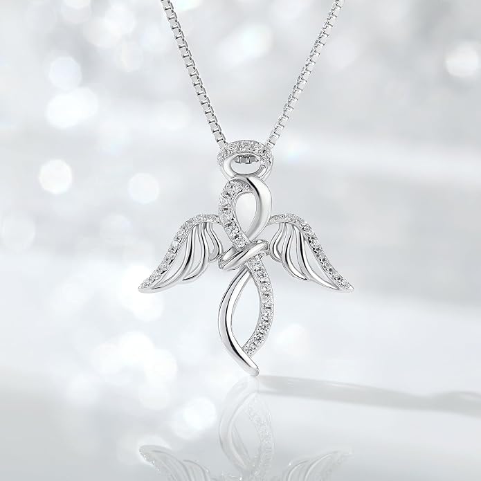 925 Sterling Silver Guardian Angel Pendant Necklace for Women with Birthstone Cubic Zirconia Little Angel Pendant Necklace Jewelry 18 inch Chain