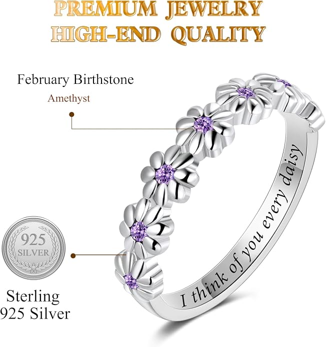 Dainty Daisy Ring for Women, S925 Sterling Silver Cubic Zirconia Sunflower Flower Ring For Daughter, I Think Of You Every Daisy Ring, Birthstone Flower Ring